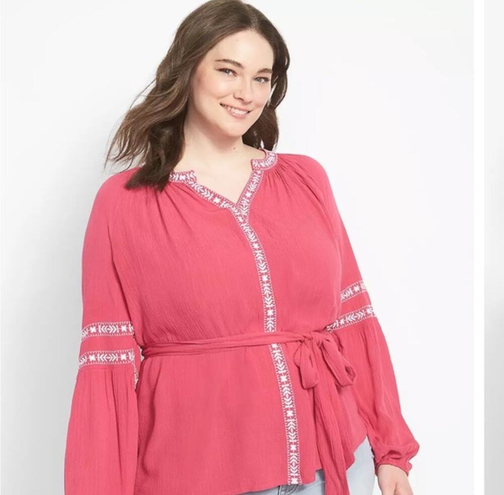 Lane Bryant NEW Women's Pink White Embroidered Beachy Rayon Gauze Top Sz 20